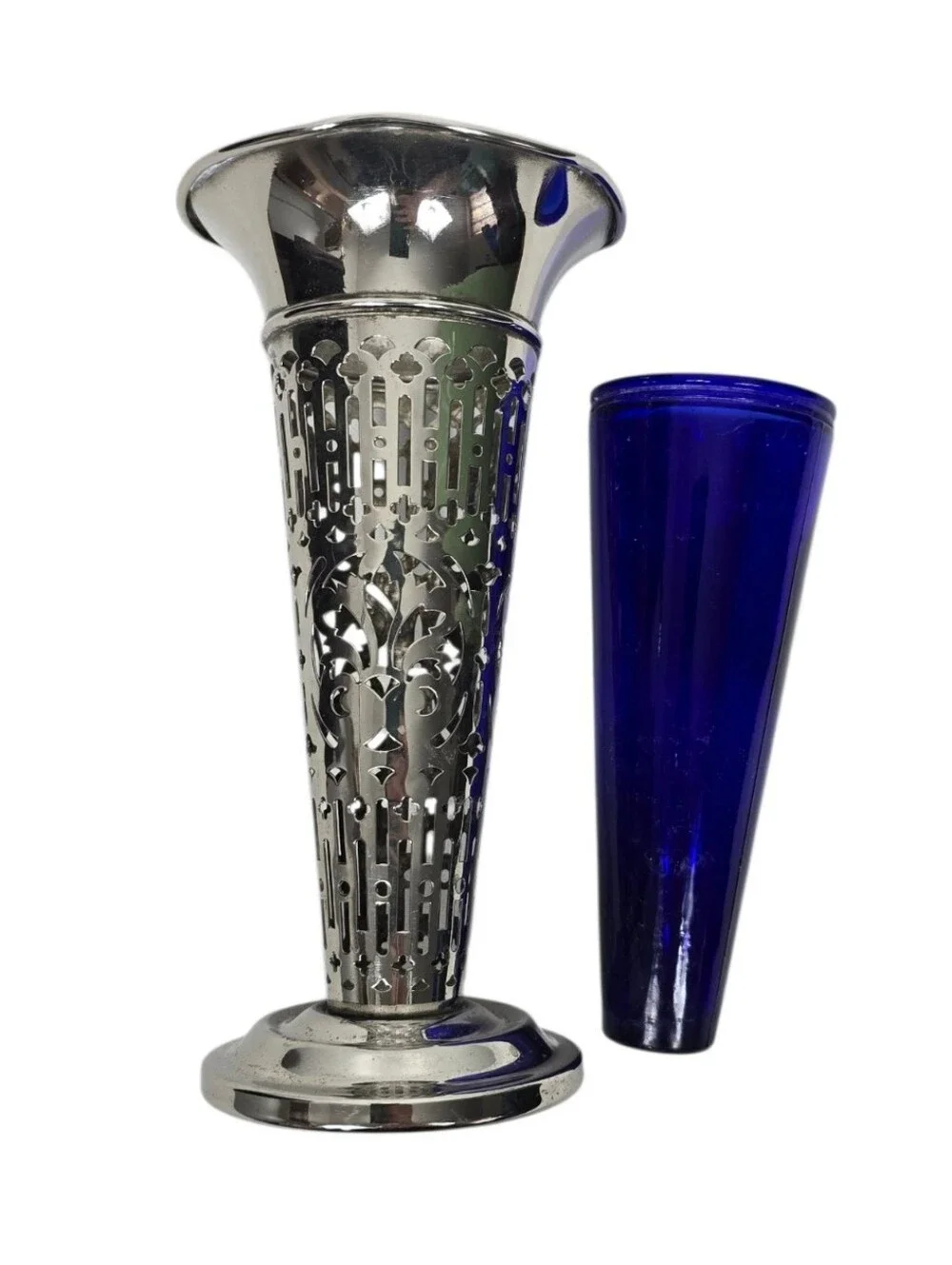 Vintage Godinger Silverplate Vase With Cobalt Blue Glass Liner Pierced Overlay